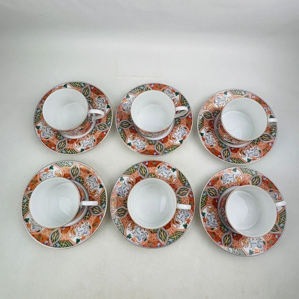 Andrea by Sadek Stork & Blossom Cup and Saucer Set of 6 Imari Japanese Porcelain